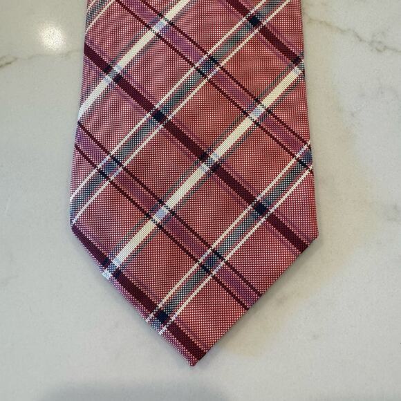 BREUER Men's Designer Silk Plaid Check Red Blue White Neck Tie Made In - Picture 1 of 10